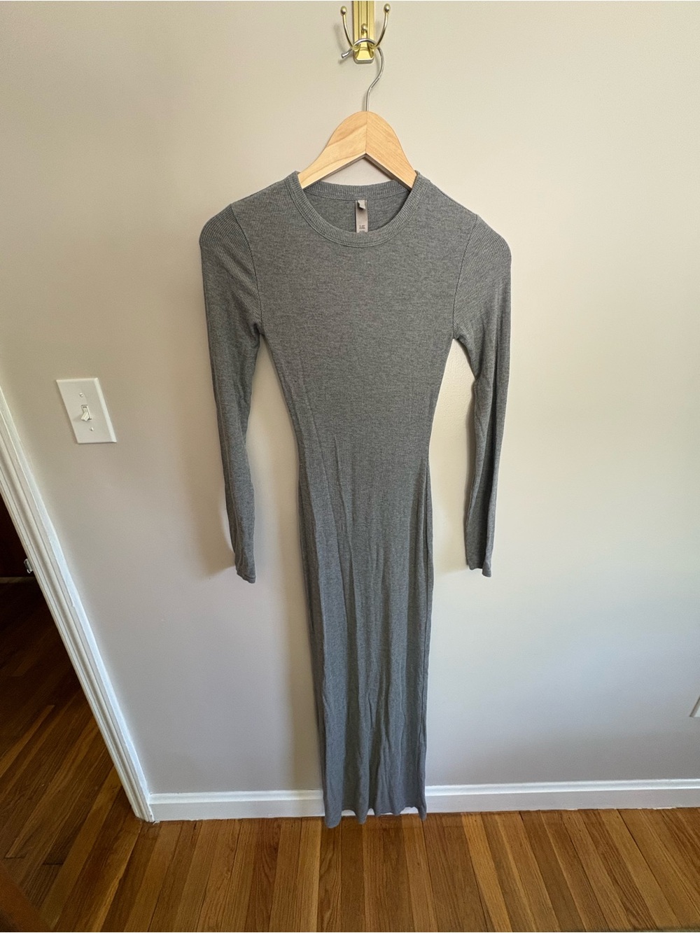 SKIMS Long Sleeve Gray Maxi Dress Soft Lounge Ribbed Crew Neck